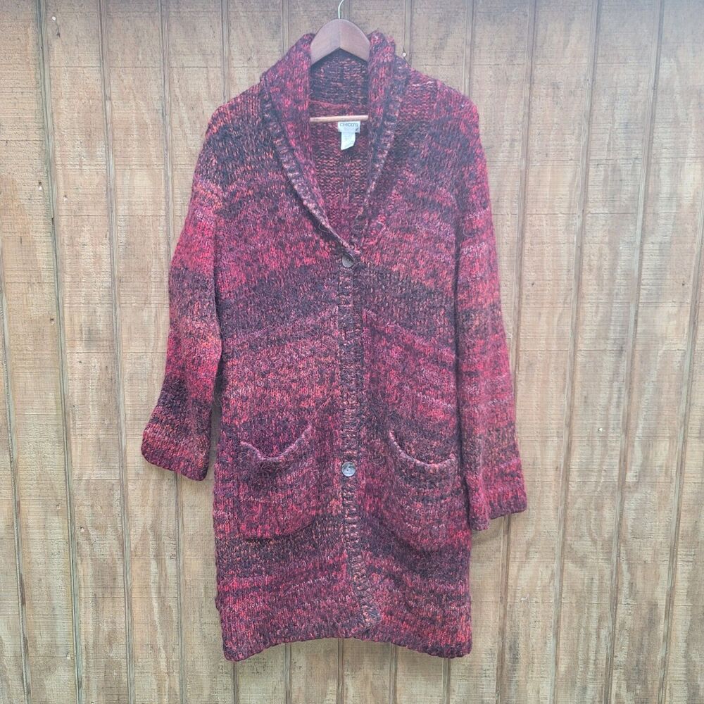 Chicos Red Black Wool Blend Long Coatigan Chicos Size 3/XL/16